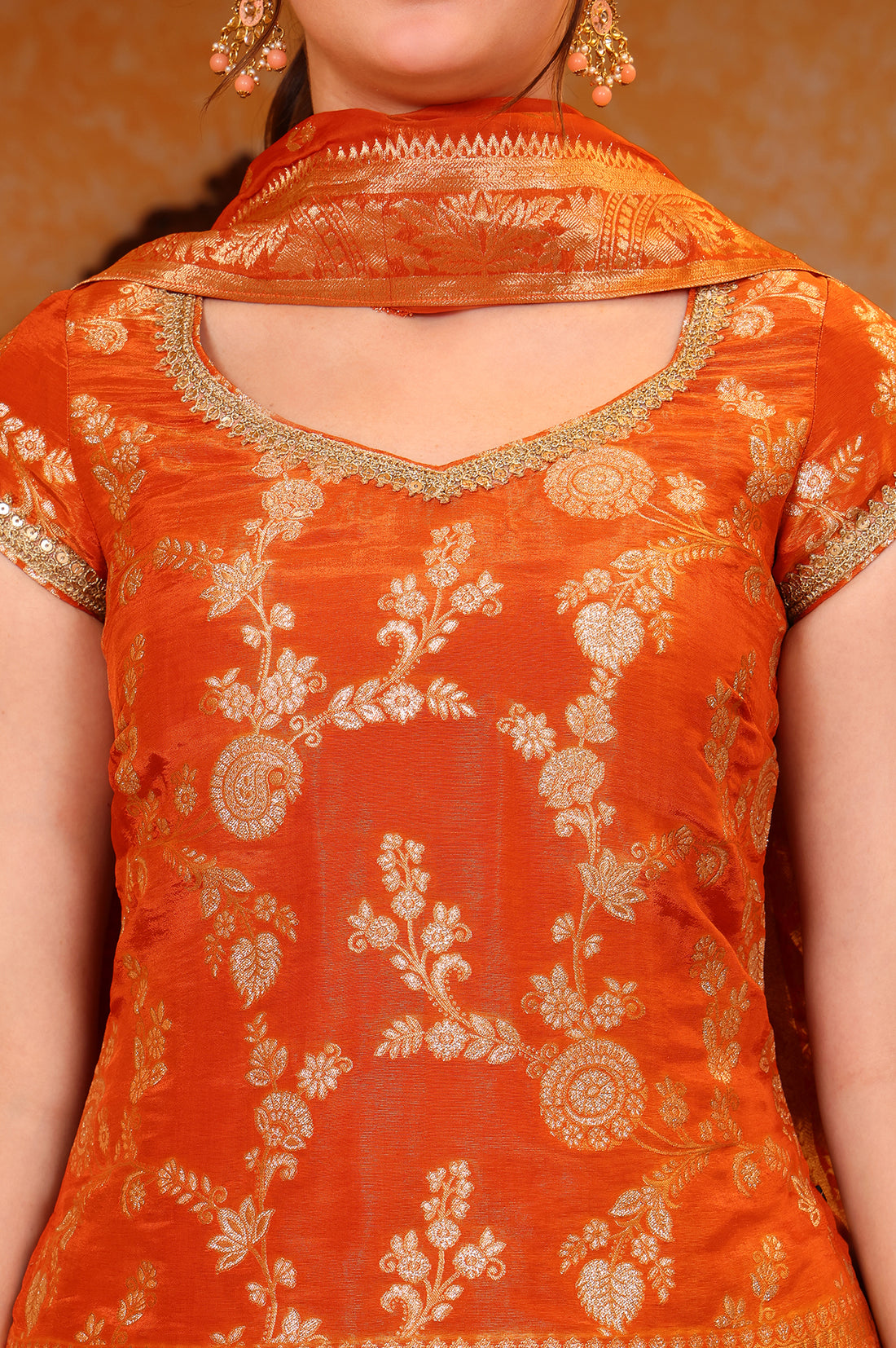 Orange Dyed Tape Embroidered Straight Kurta, Palazzo and Dupatta Set