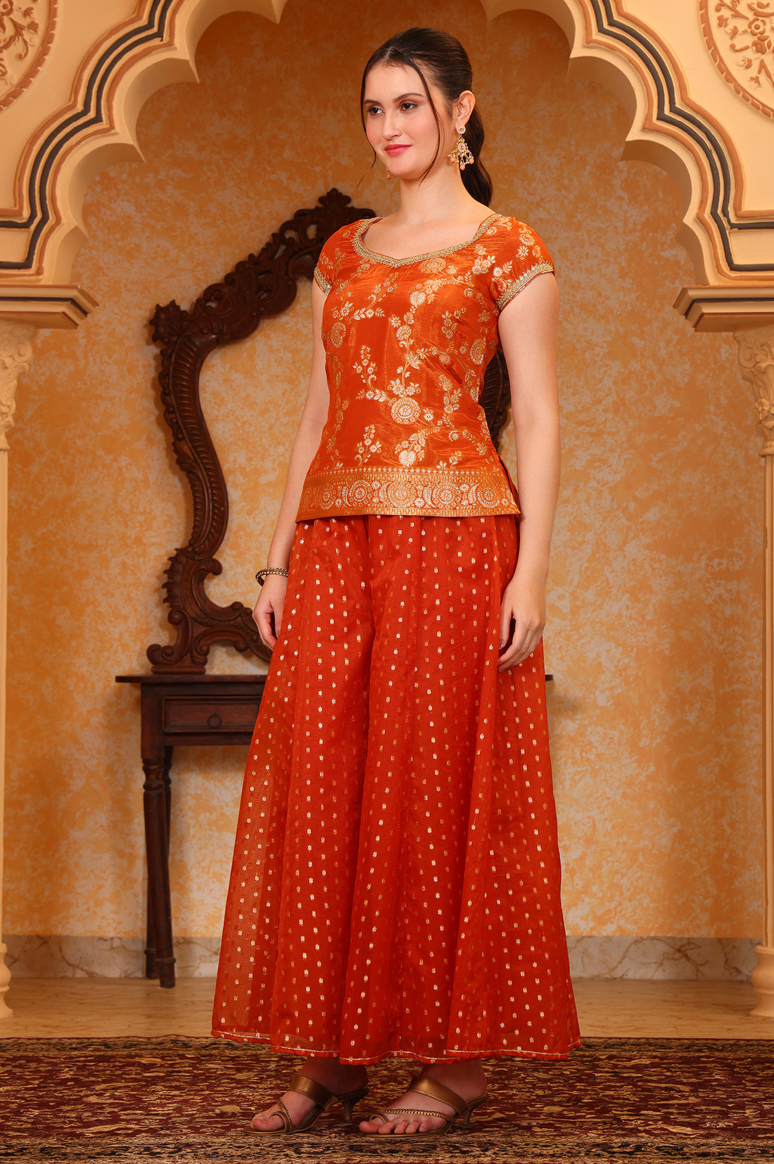 Orange Dyed Tape Embroidered Straight Kurta, Palazzo and Dupatta Set
