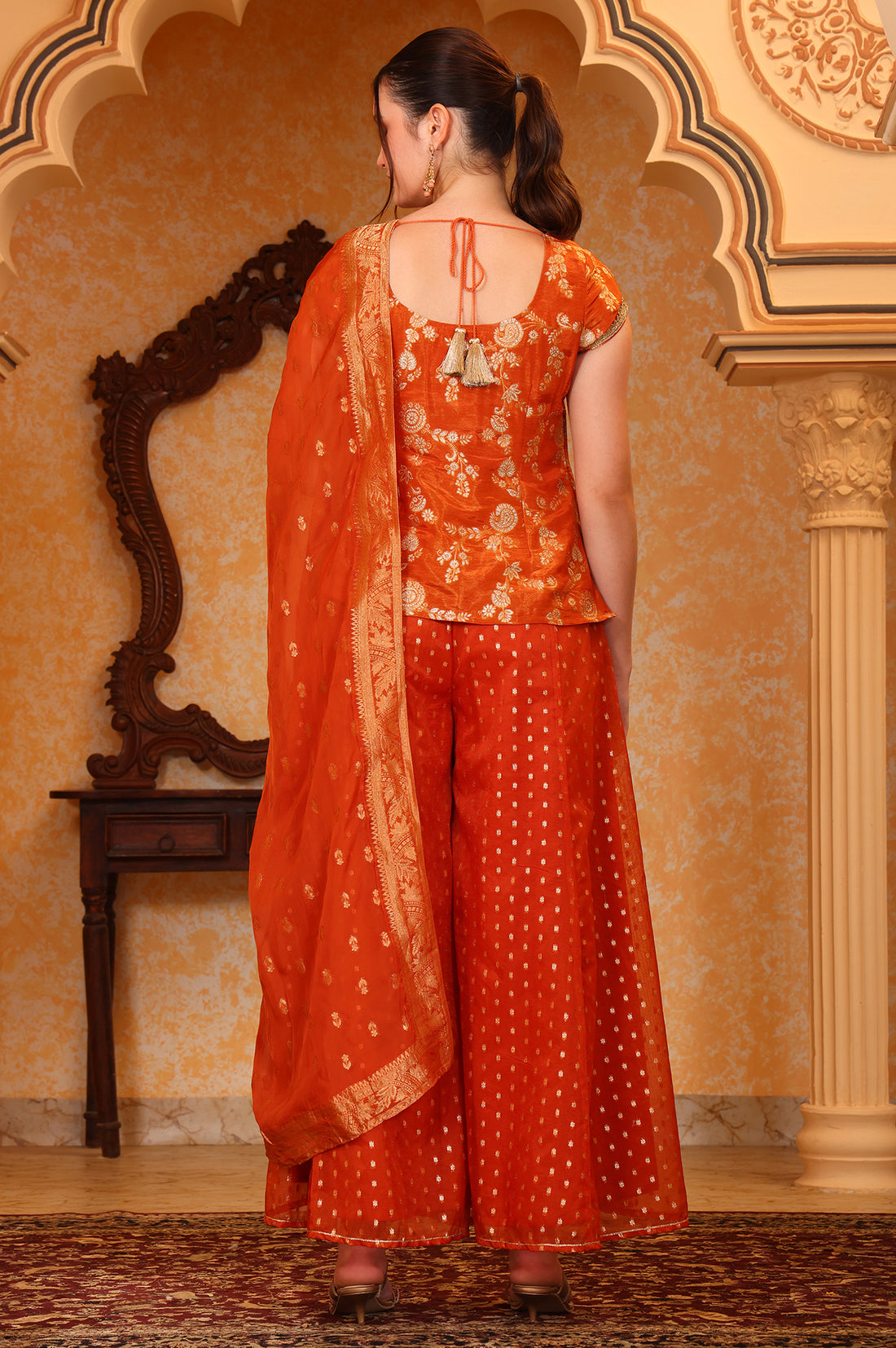 Orange Dyed Tape Embroidered Straight Kurta, Palazzo and Dupatta Set