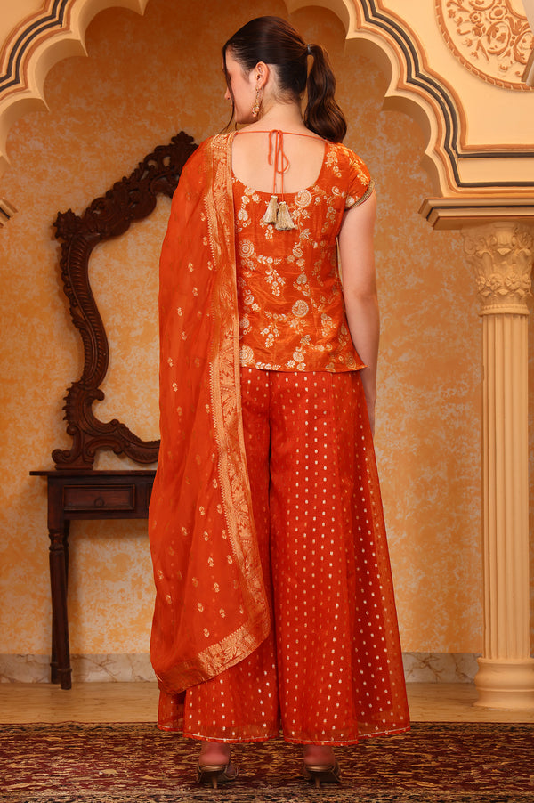 Orange Dyed Tape Embroidered Straight Kurta, Palazzo and Dupatta Set