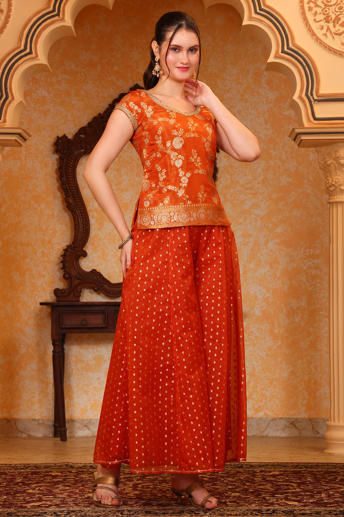 Orange Dyed Tape Embroidered Straight Kurta, Palazzo and Dupatta Set