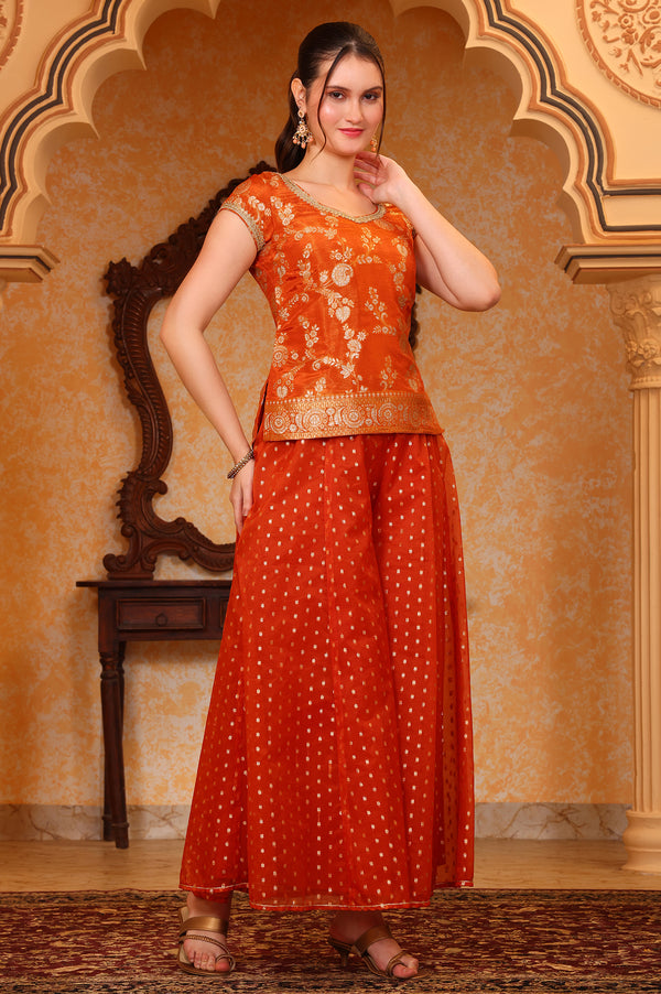 Orange Dyed Tape Embroidered Straight Kurta, Palazzo and Dupatta Set