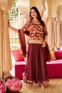 Maroon Dyed Printed Lace Jaquard Straight Kurti, Palazzo and Dupatta Set