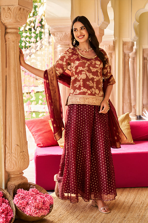Maroon Dyed Printed Lace Jaquard Straight Kurti, Palazzo and Dupatta Set