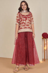 Maroon Dyed Printed Lace Jaquard Straight Kurti, Palazzo and Dupatta Set