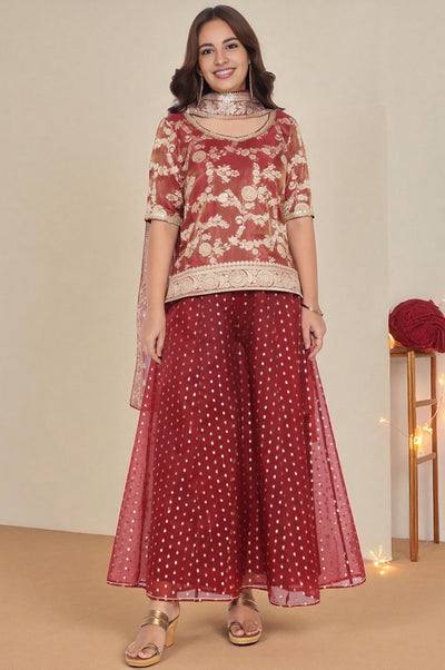 Maroon Dyed Printed Lace Jaquard Straight Kurti, Palazzo and Dupatta Set
