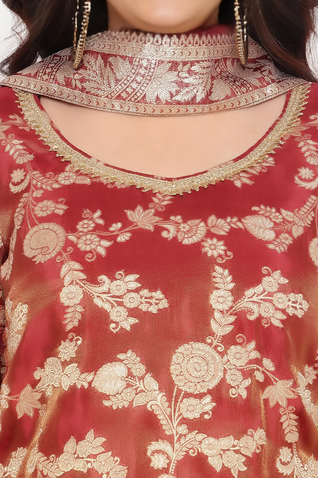 Maroon Dyed Printed Lace Jaquard Straight Kurti, Palazzo and Dupatta Set