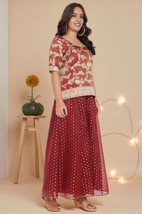 Maroon Dyed Printed Lace Jaquard Straight Kurti, Palazzo and Dupatta Set