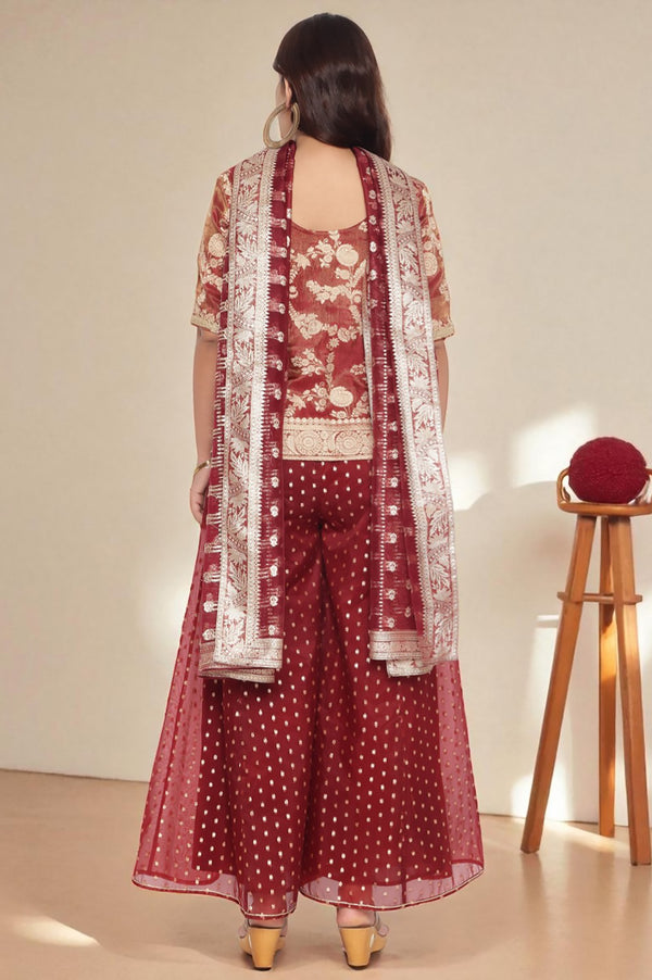 Maroon Dyed Printed Lace Jaquard Straight Kurti, Palazzo and Dupatta Set