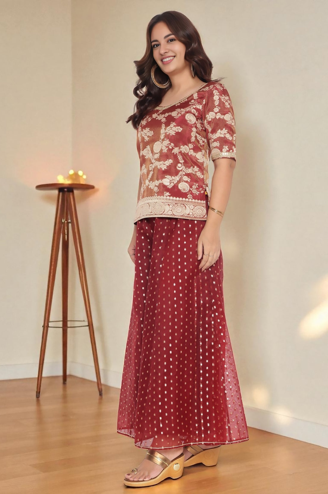 Maroon Dyed Printed Lace Jaquard Straight Kurti, Palazzo and Dupatta Set