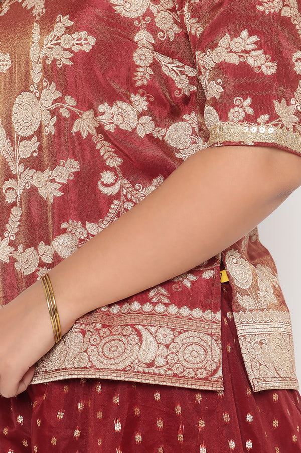 Maroon Dyed Printed Lace Jaquard Straight Kurti, Palazzo and Dupatta Set