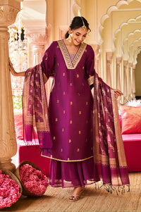 Purple Dyed Printed Dori Embroidery Chanderi Jaquard A-line Kurta, Palazzo and Dupatta Set