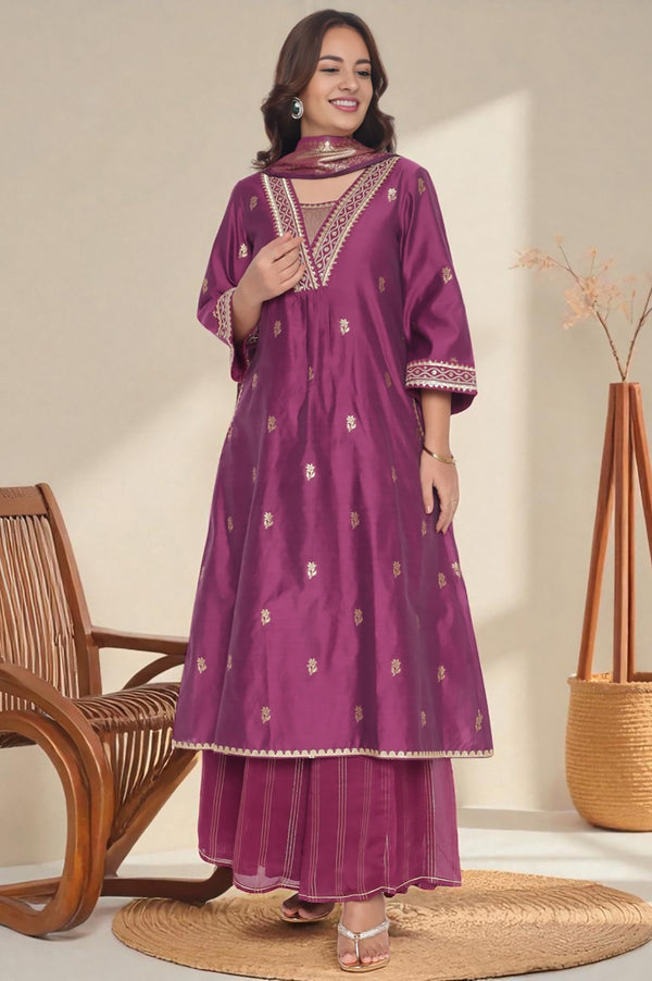 Purple Dyed Printed Dori Embroidery Chanderi Jaquard A-line Kurta, Palazzo and Dupatta Set