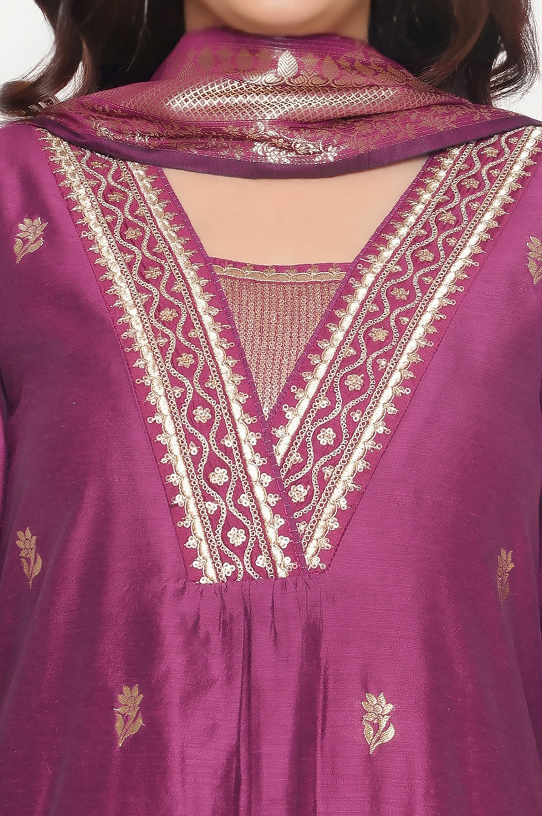 Purple Dyed Printed Dori Embroidery Chanderi Jaquard A-line Kurta, Palazzo and Dupatta Set