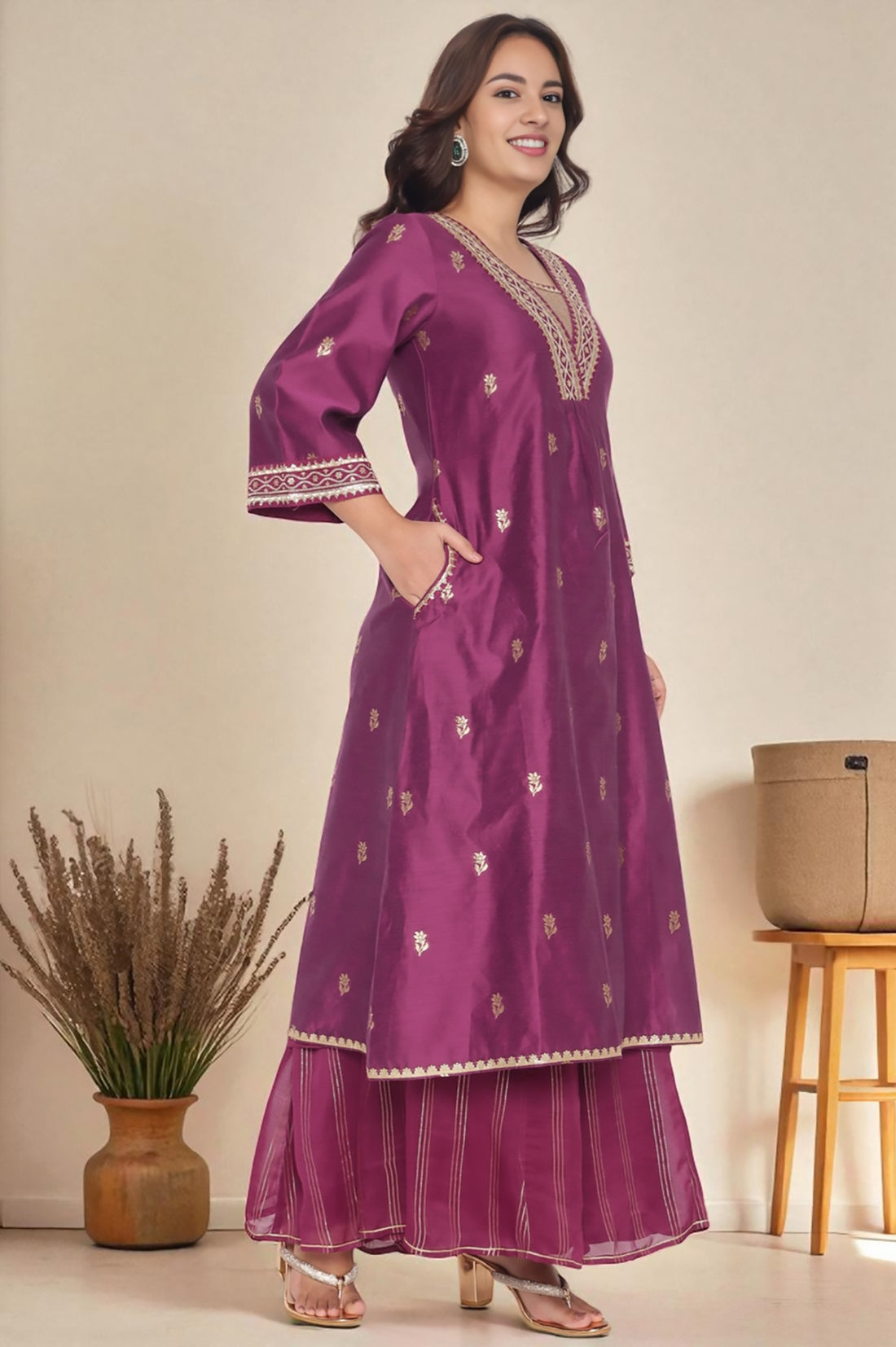 Purple Dyed Printed Dori Embroidery Chanderi Jaquard A-line Kurta, Palazzo and Dupatta Set