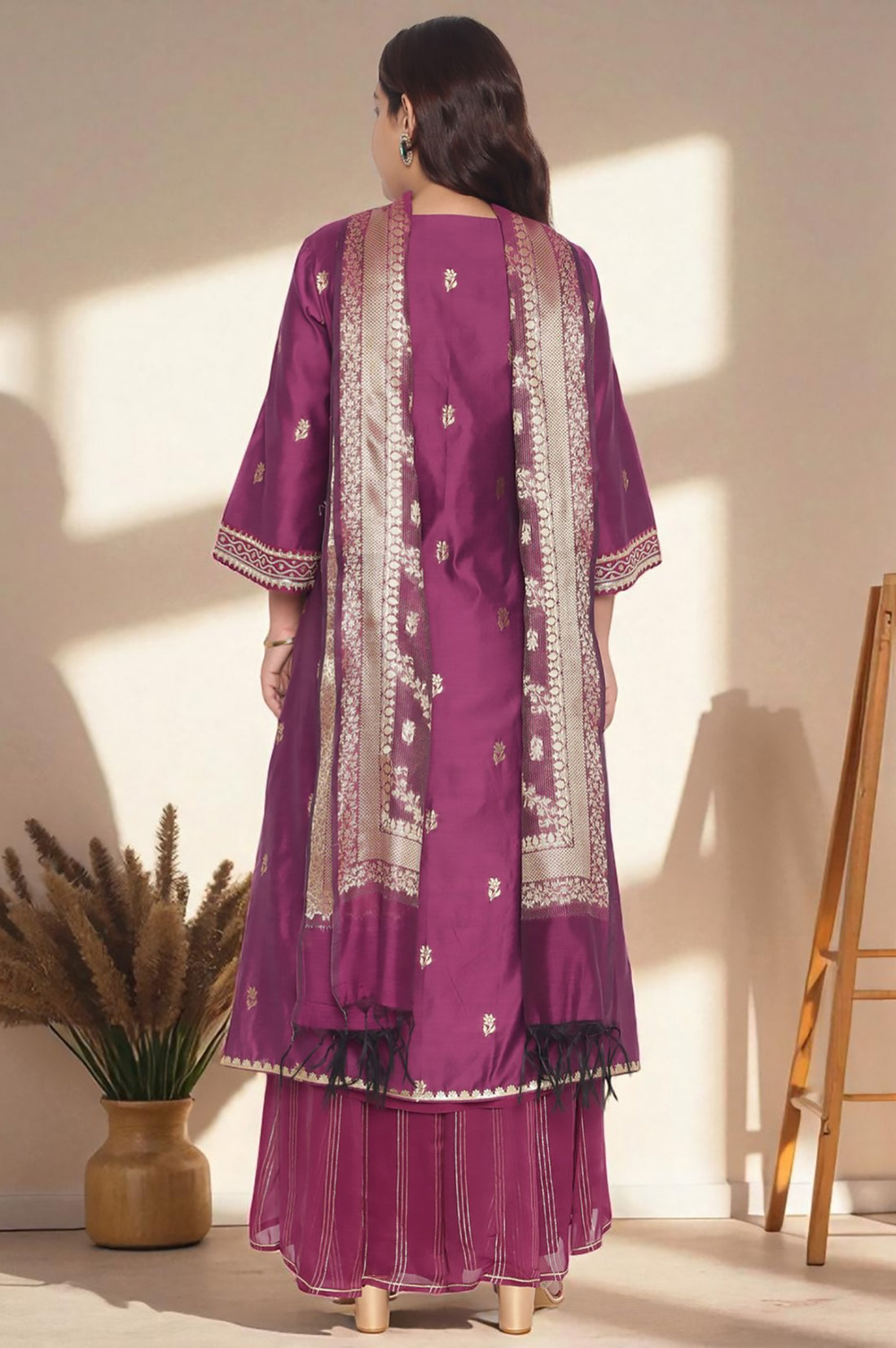 Purple Dyed Printed Dori Embroidery Chanderi Jaquard A-line Kurta, Palazzo and Dupatta Set