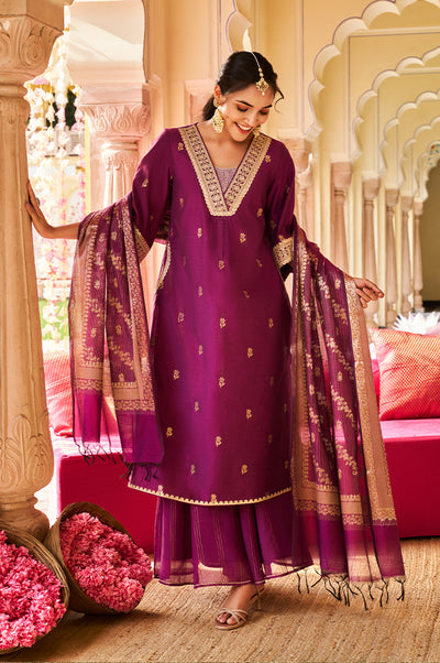 Purple Dyed Printed Dori Embroidery Chanderi Jaquard A-line Kurta, Palazzo and Dupatta Set