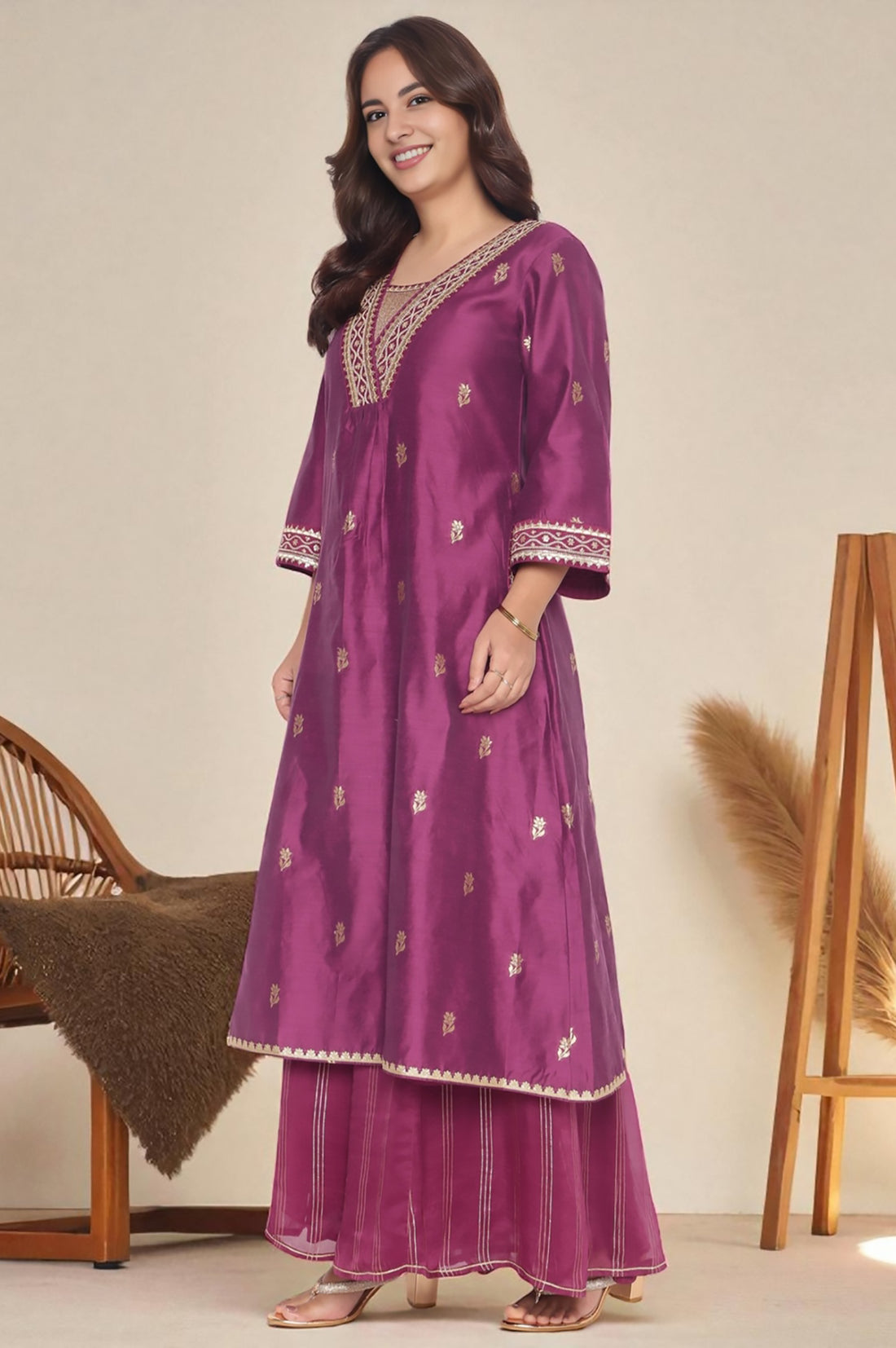 Purple Dyed Printed Dori Embroidery Chanderi Jaquard A-line Kurta, Palazzo and Dupatta Set
