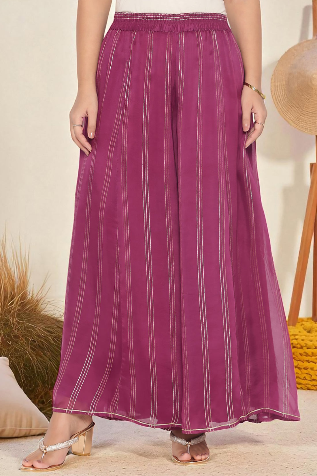 Purple Dyed Printed Dori Embroidery Chanderi Jaquard A-line Kurta, Palazzo and Dupatta Set