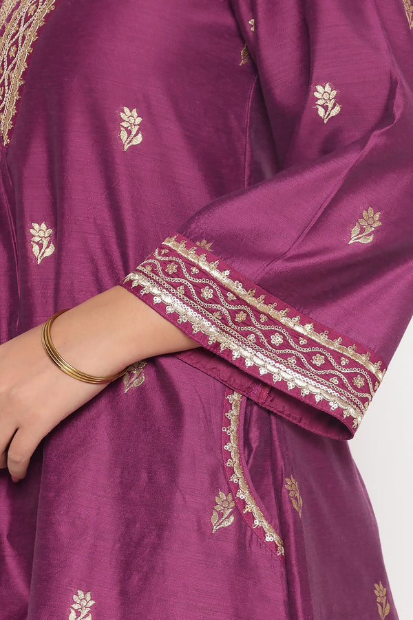 Purple Dyed Printed Dori Embroidery Chanderi Jaquard A-line Kurta, Palazzo and Dupatta Set