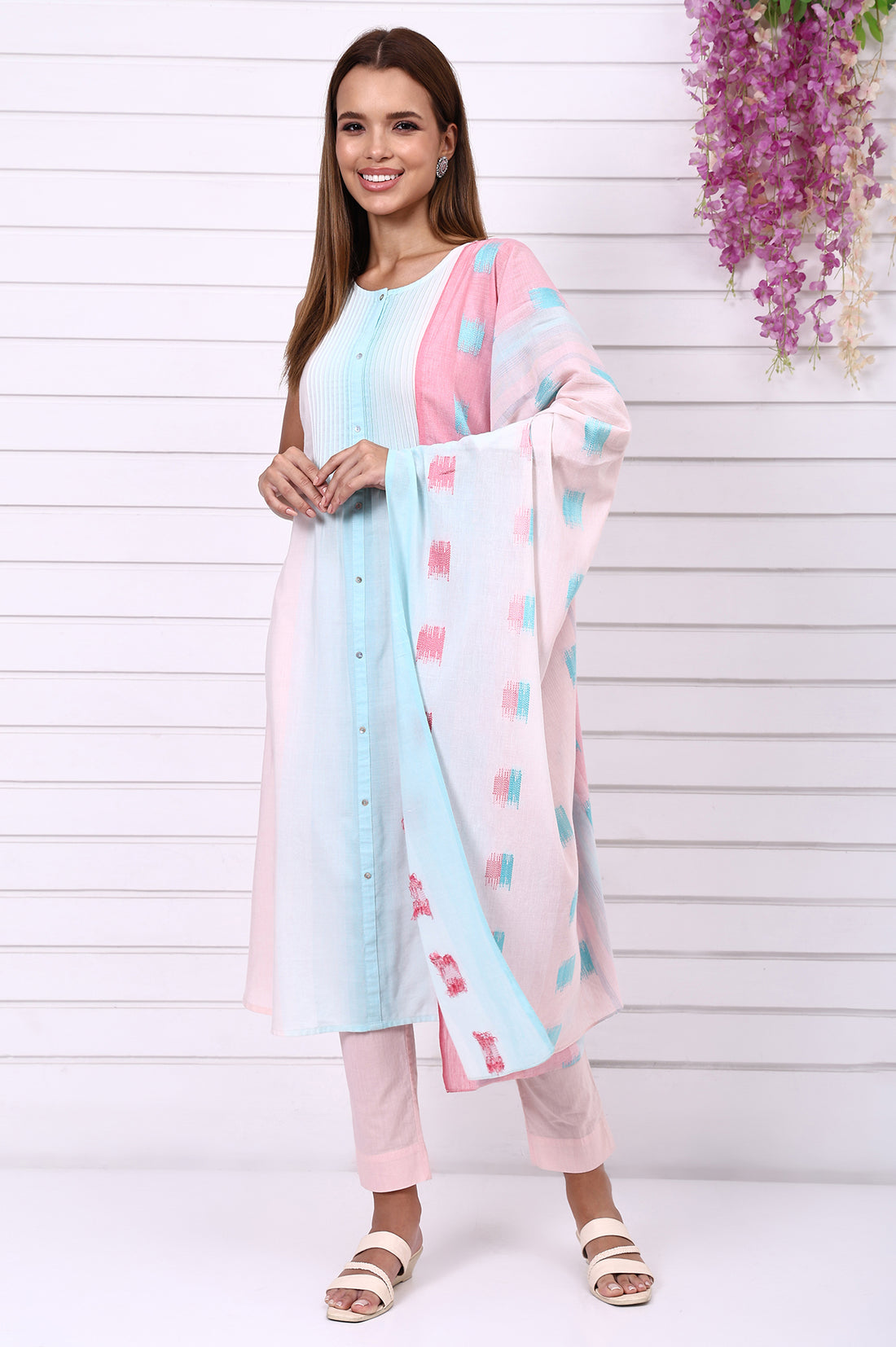 Pink and Blue Ombre Pintuck Cotton Rayon A-line Kurta, Trouser and Dupatta Set