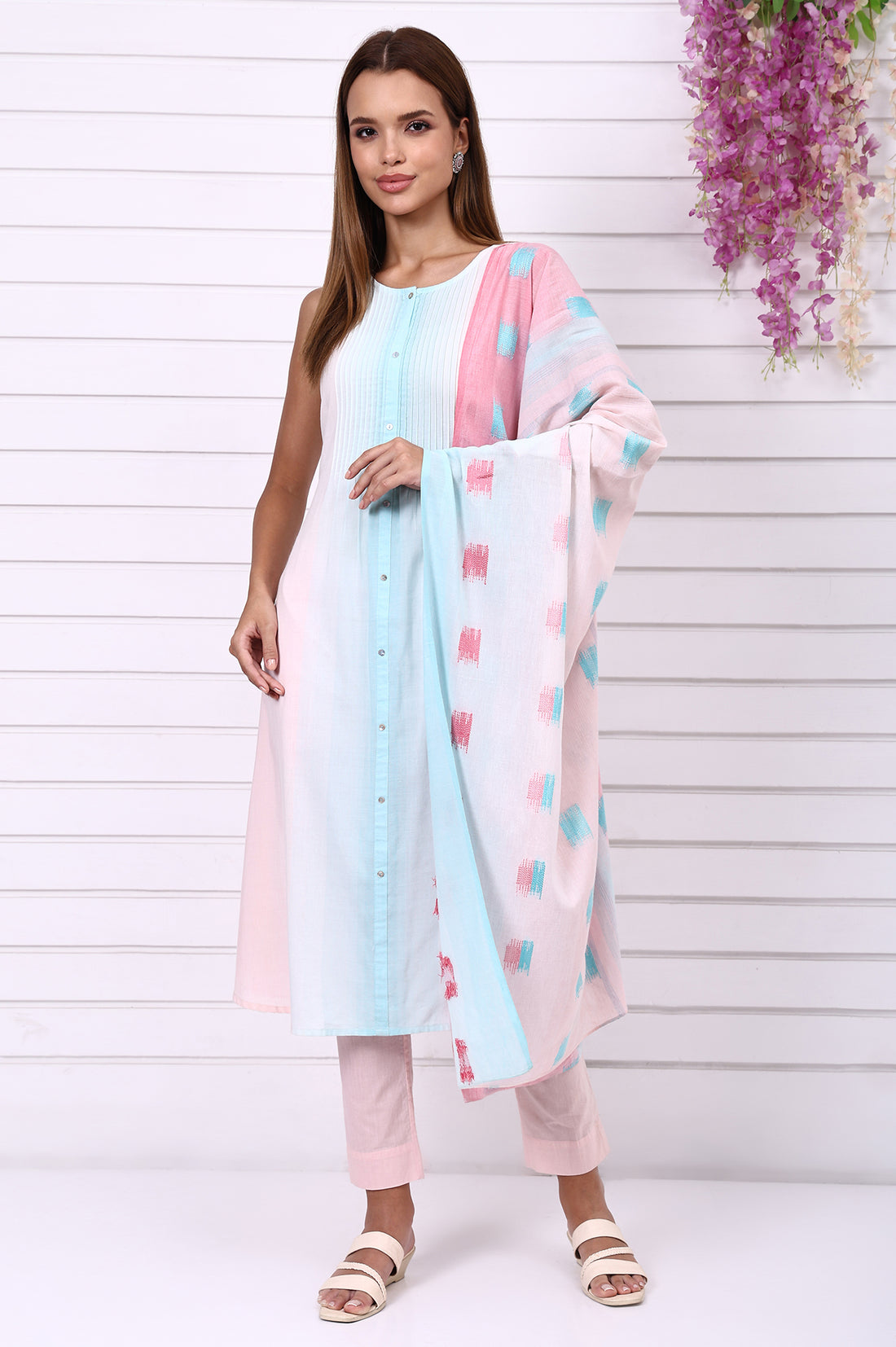 Pink and Blue Ombre Pintuck Cotton Rayon A-line Kurta, Trouser and Dupatta Set