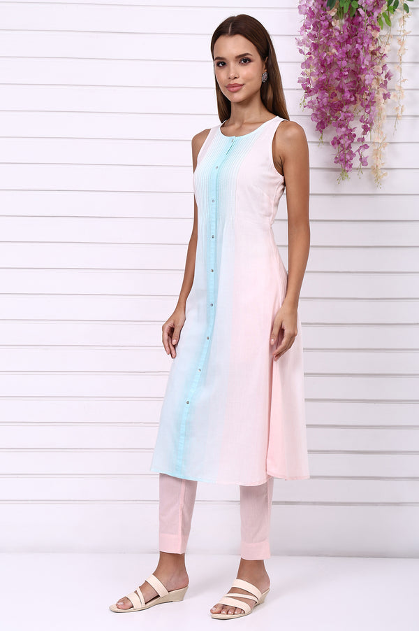 Pink and Blue Ombre Pintuck Cotton Rayon A-line Kurta, Trouser and Dupatta Set