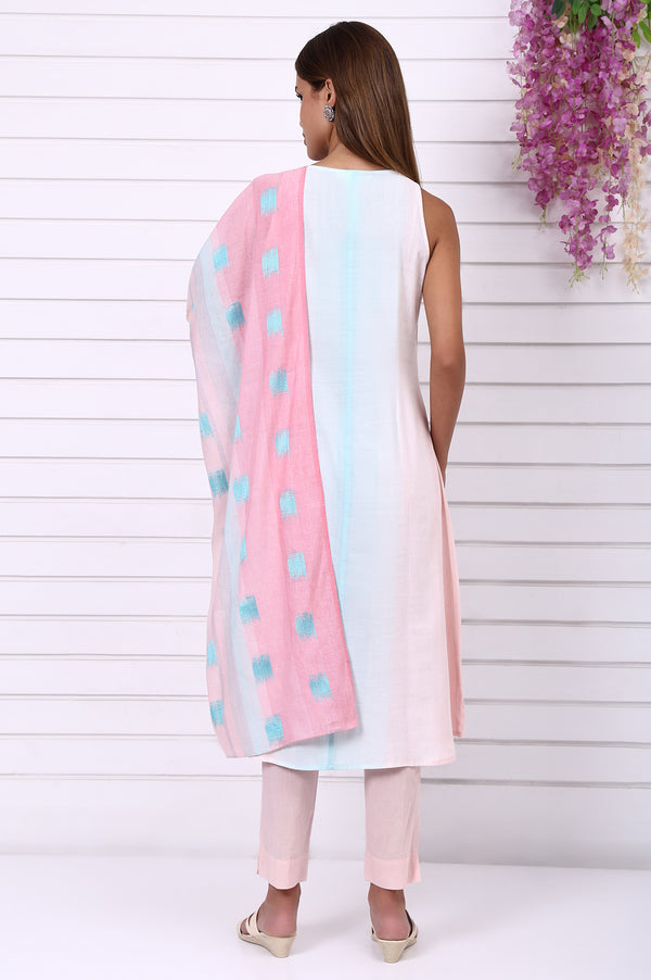 Pink and Blue Ombre Pintuck Cotton Rayon A-line Kurta, Trouser and Dupatta Set
