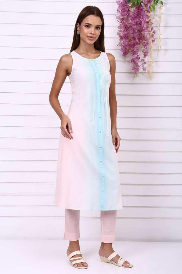 Pink and Blue Ombre Pintuck Cotton Rayon A-line Kurta, Trouser and Dupatta Set