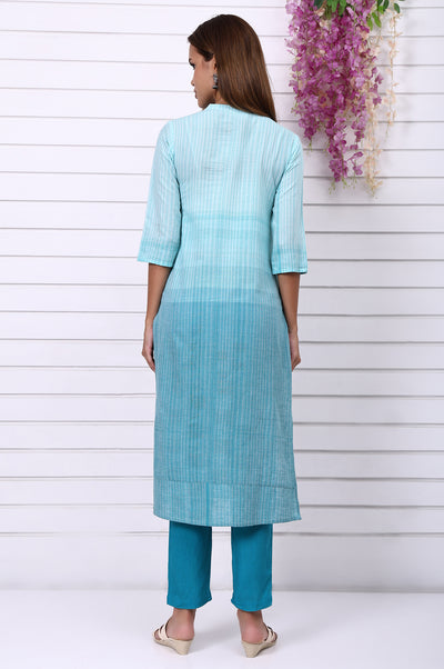 Blue Geometric Printed Yarn Dyed Straight Kurta and Trousers Co-ord Set