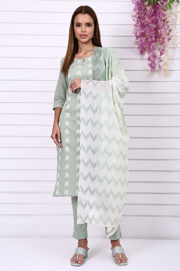 Green Geometric Printed Yarn Dyed Straight Kurta, Trousers and Dupatta Set