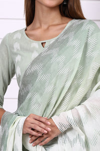 Green Geometric Printed Yarn Dyed Straight Kurta, Trousers and Dupatta Set
