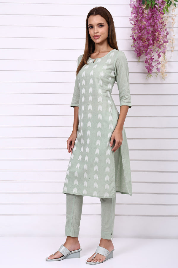 Green Geometric Printed Yarn Dyed Straight Kurta, Trousers and Dupatta Set