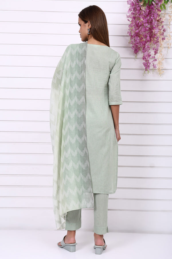 Green Geometric Printed Yarn Dyed Straight Kurta, Trousers and Dupatta Set