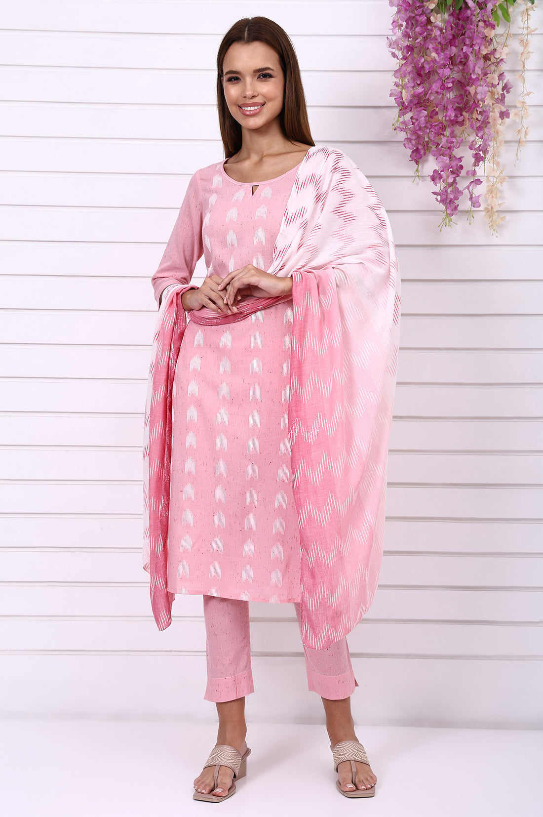 Pink Geometric Printed Yarn Dyed Straight Kurta, Trousers and Dupatta Set