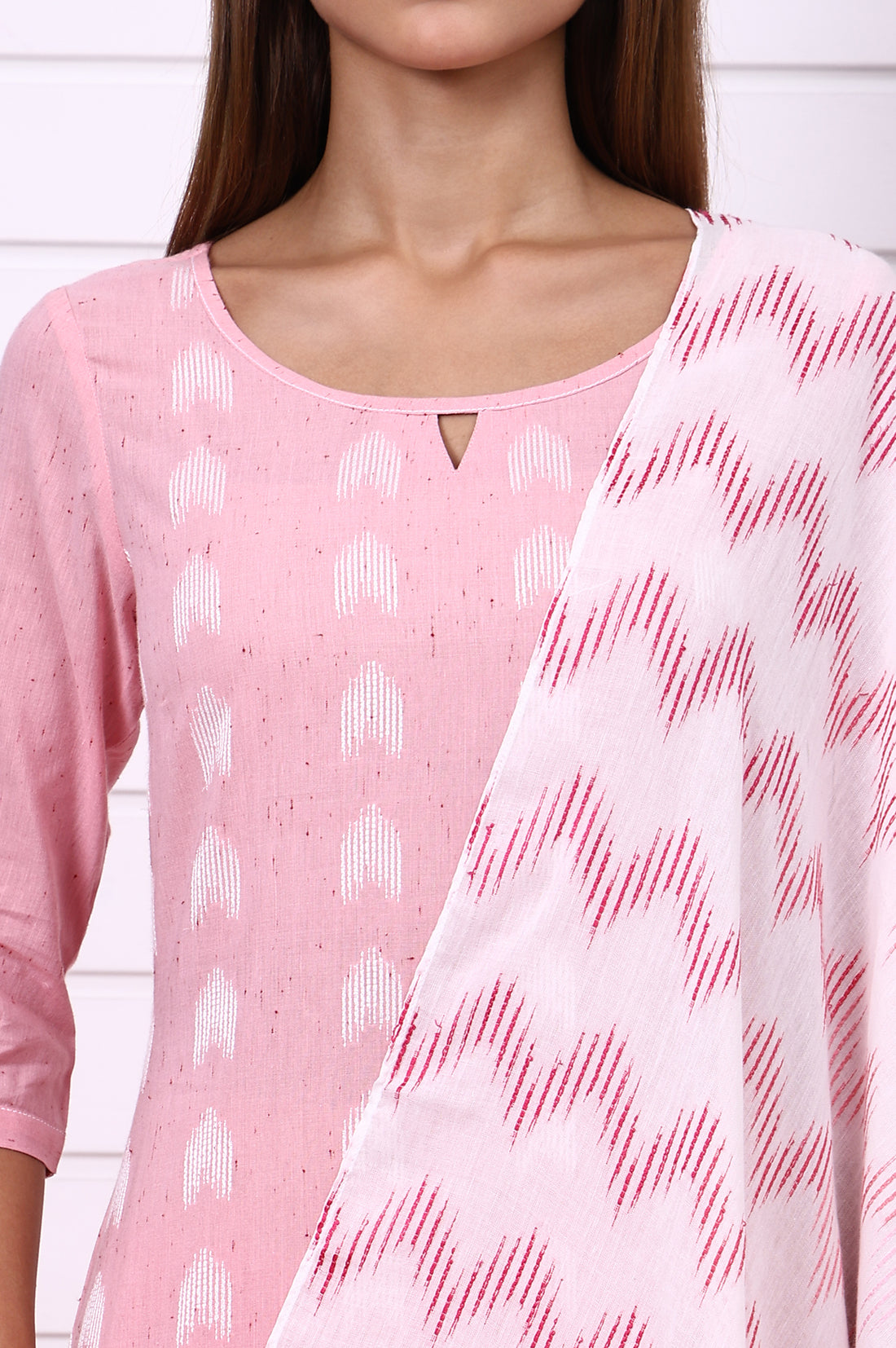 Pink Geometric Printed Yarn Dyed Straight Kurta, Trousers and Dupatta Set