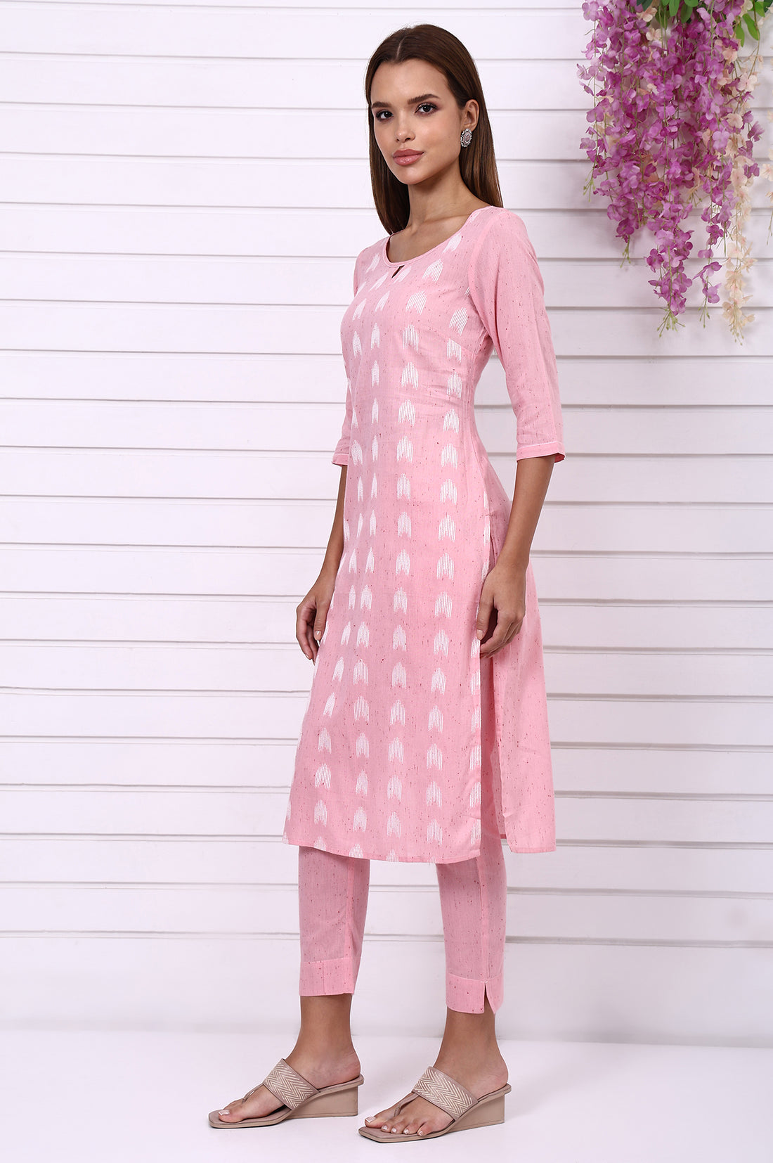 Pink Geometric Printed Yarn Dyed Straight Kurta, Trousers and Dupatta Set