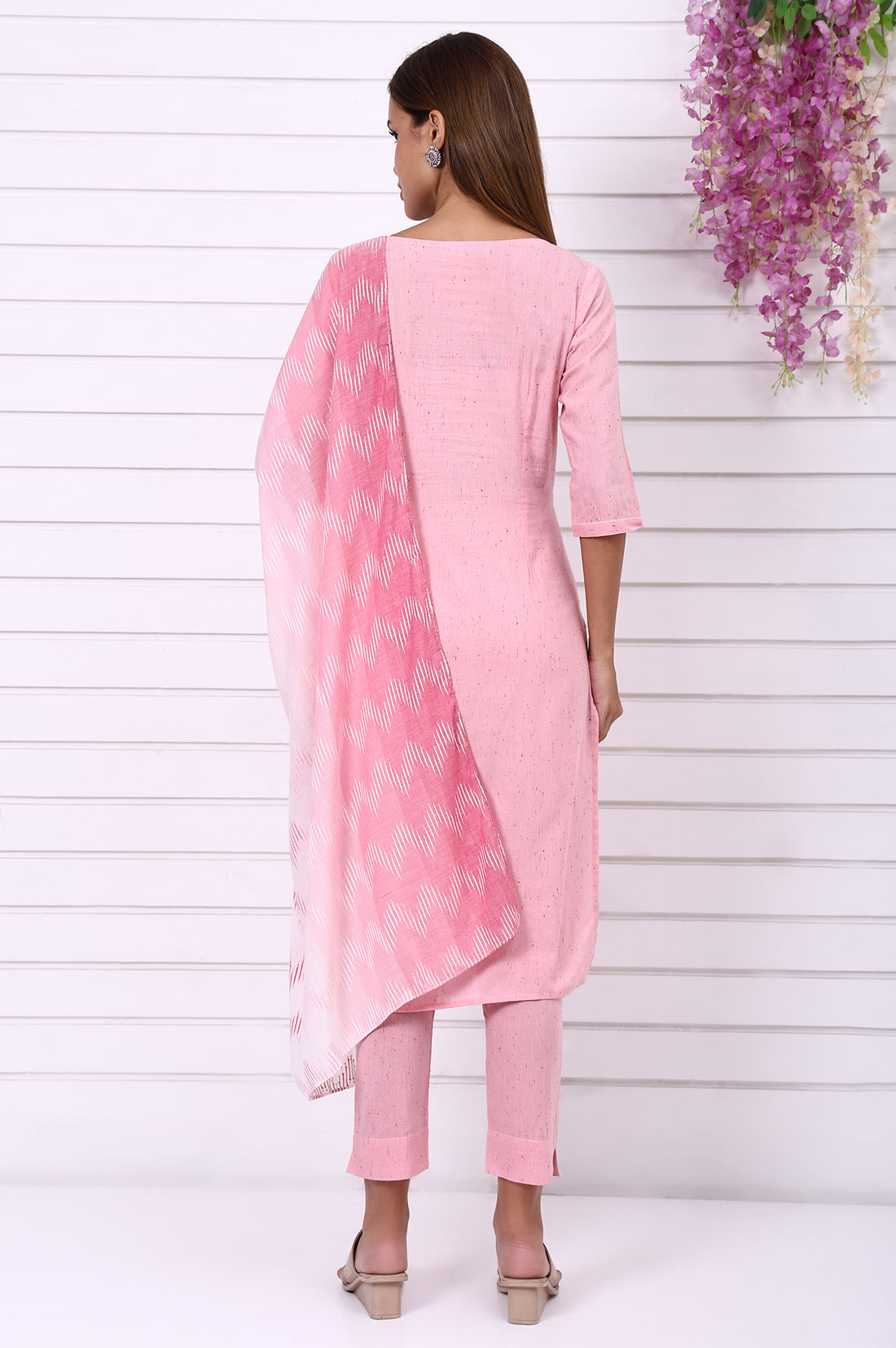 Pink Geometric Printed Yarn Dyed Straight Kurta, Trousers and Dupatta Set