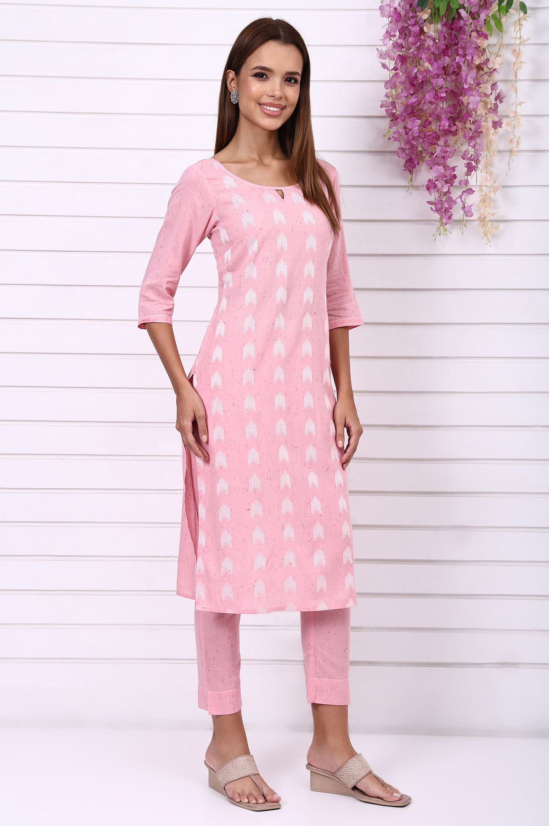 Pink Geometric Printed Yarn Dyed Straight Kurta, Trousers and Dupatta Set