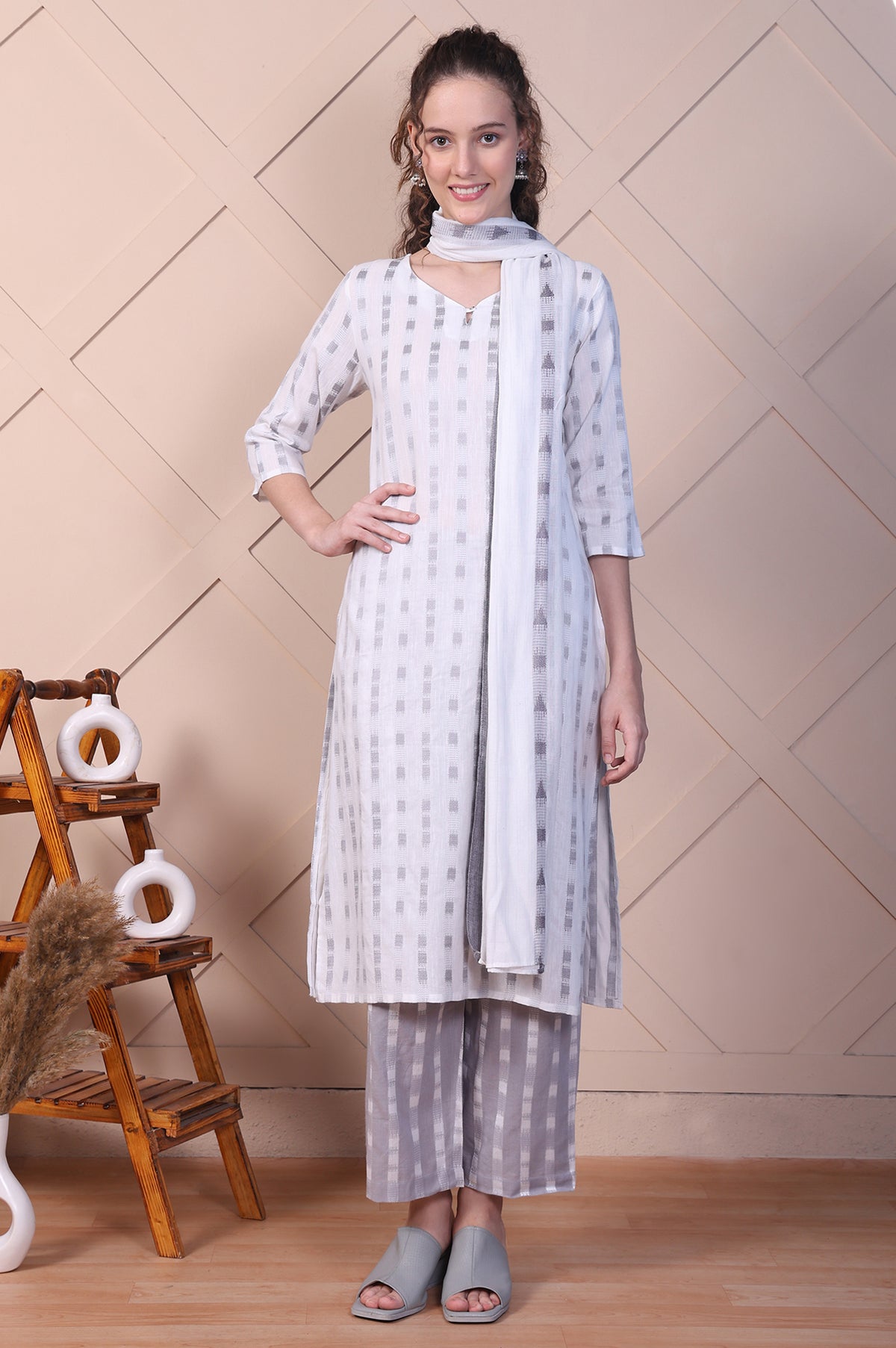 White and Grey Dobby Straight Kurta, Palazzo and Dupatta Set - S