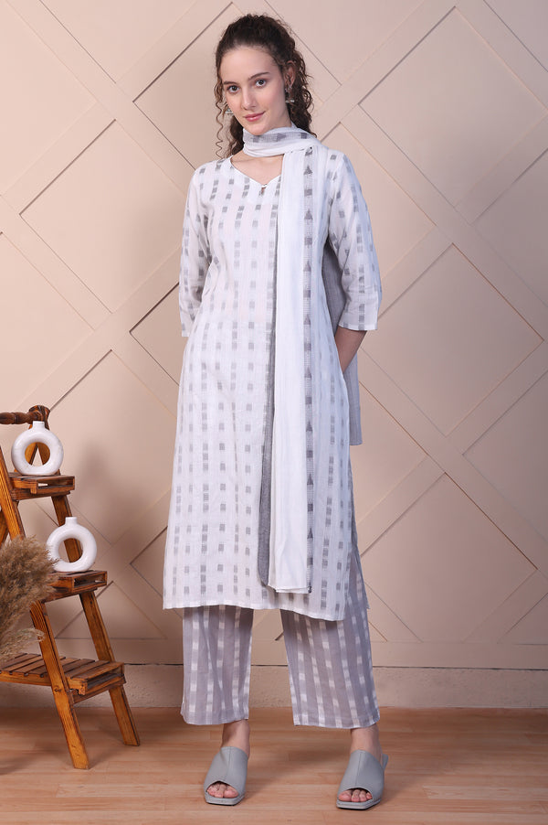 White and Grey Dobby Straight Kurta, Palazzo and Dupatta Set