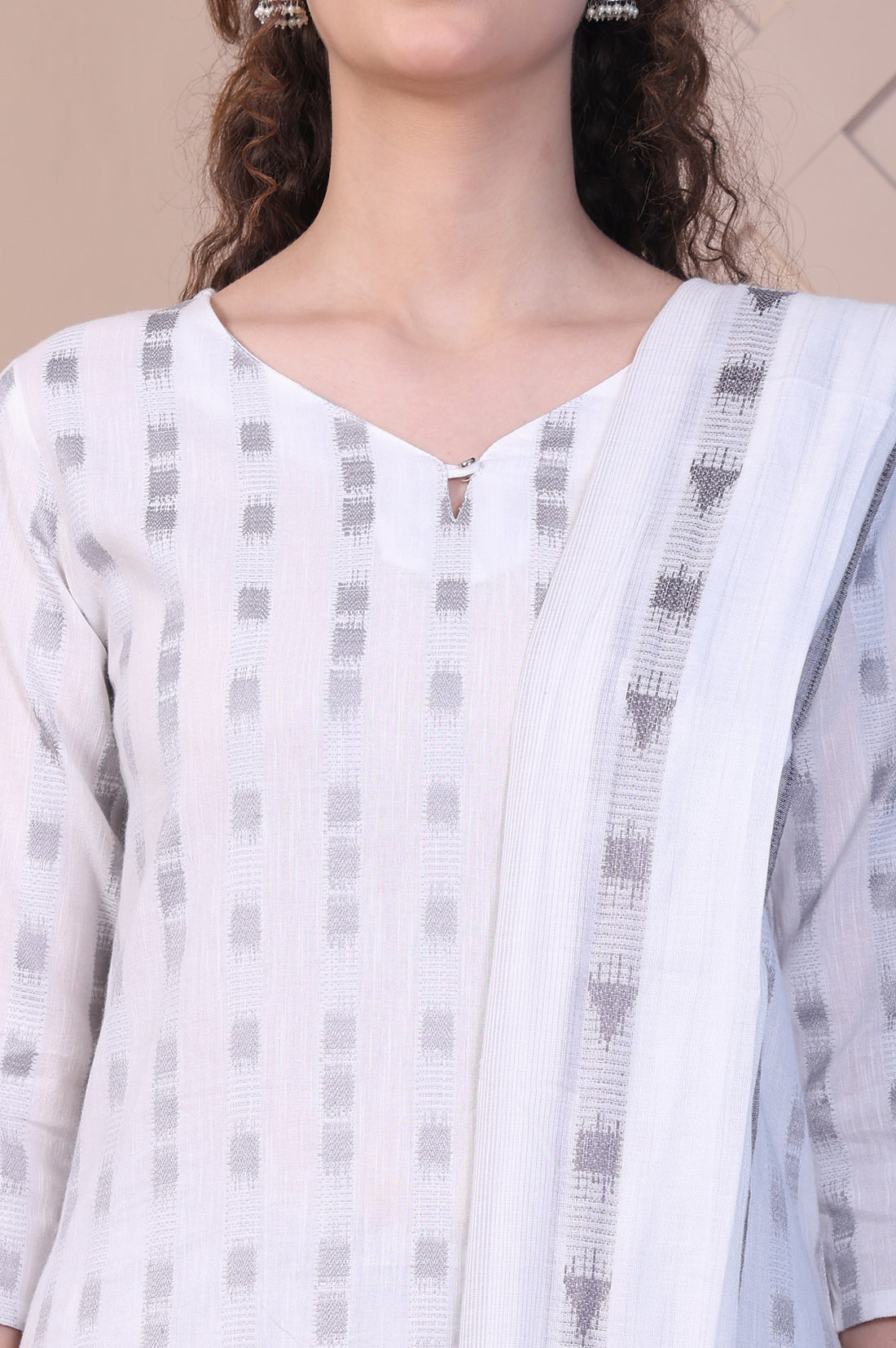 White and Grey Dobby Straight Kurta, Palazzo and Dupatta Set