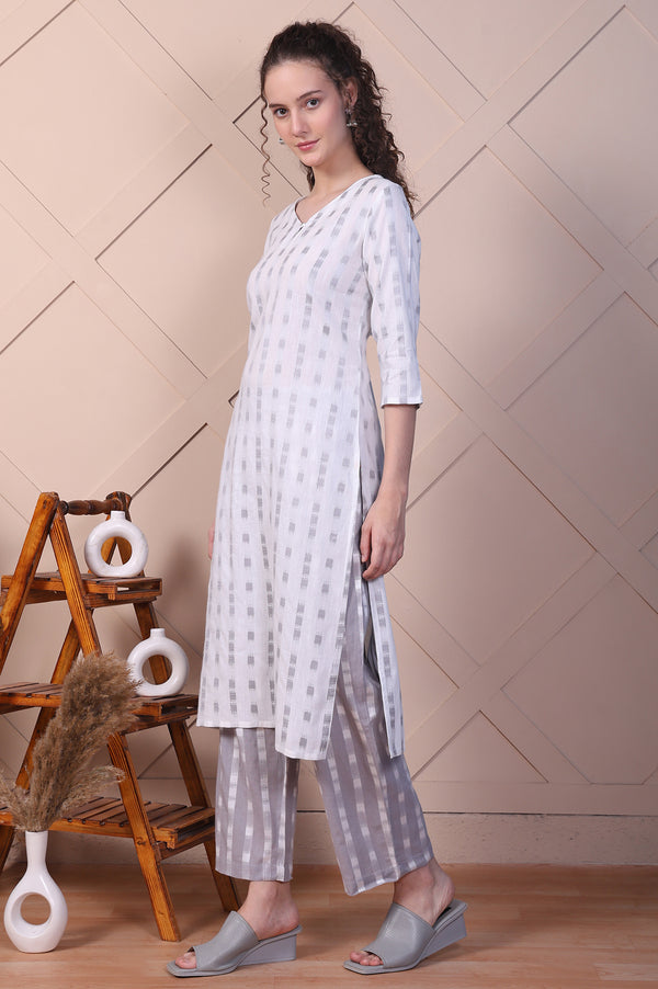 White and Grey Dobby Straight Kurta, Palazzo and Dupatta Set