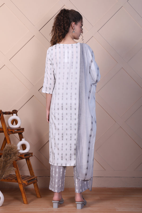 White and Grey Dobby Straight Kurta, Palazzo and Dupatta Set