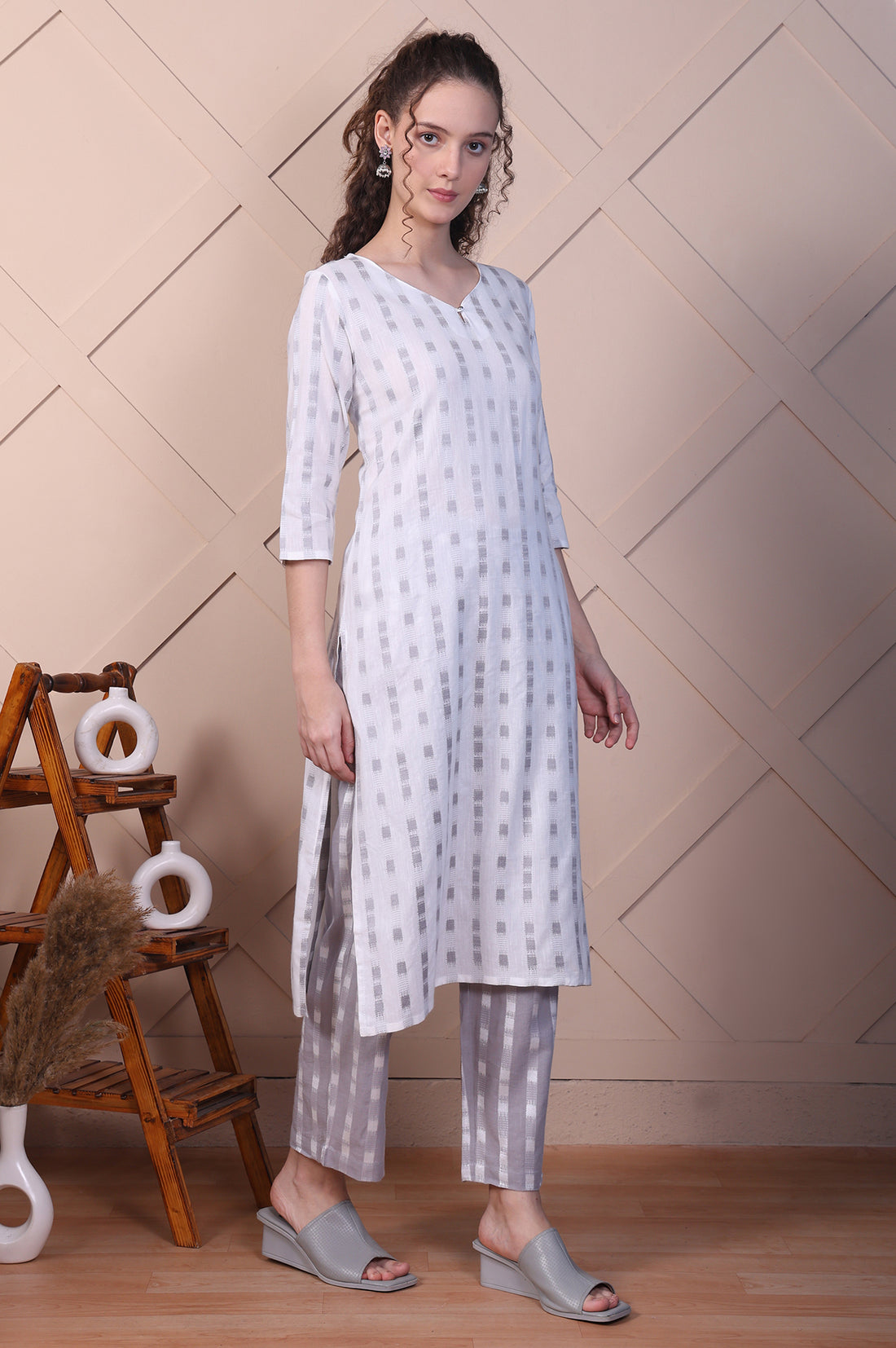 White and Grey Dobby Straight Kurta, Palazzo and Dupatta Set