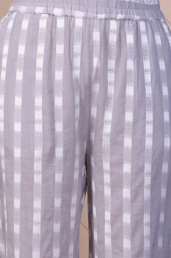 White and Grey Dobby Straight Kurta, Palazzo and Dupatta Set