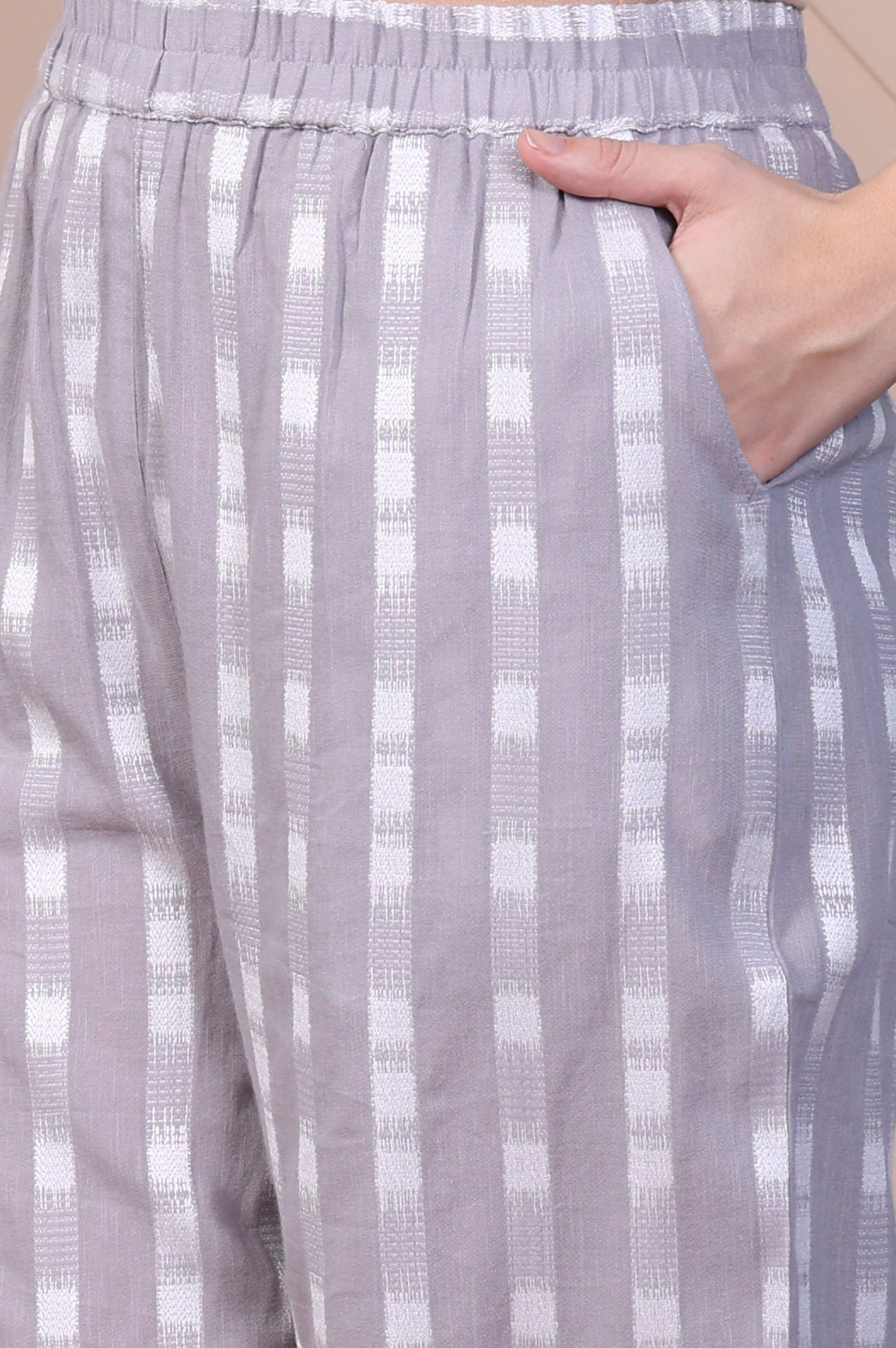 White and Grey Dobby Straight Kurta, Palazzo and Dupatta Set