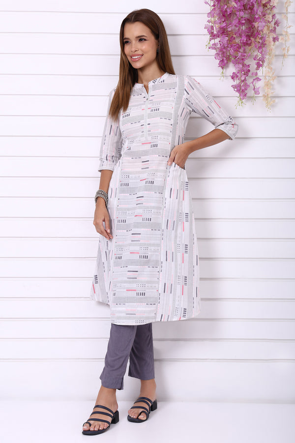 White Geometric Printed Yarn Dyed A-line Kurta and Trousers Co-ord Set