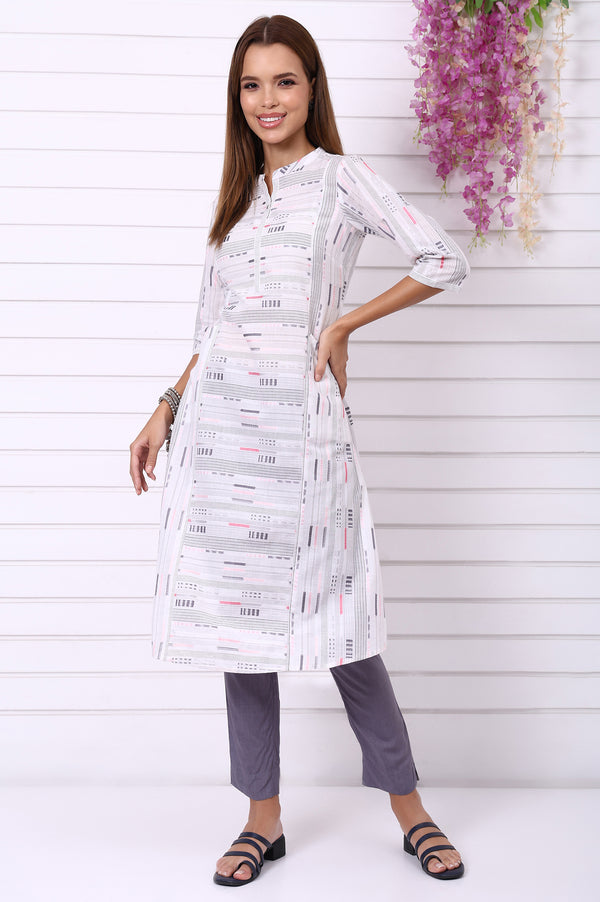 White Geometric Printed Yarn Dyed A-line Kurta and Trousers Co-ord Set