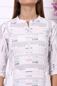 White Geometric Printed Yarn Dyed A-line Kurta and Trousers Co-ord Set